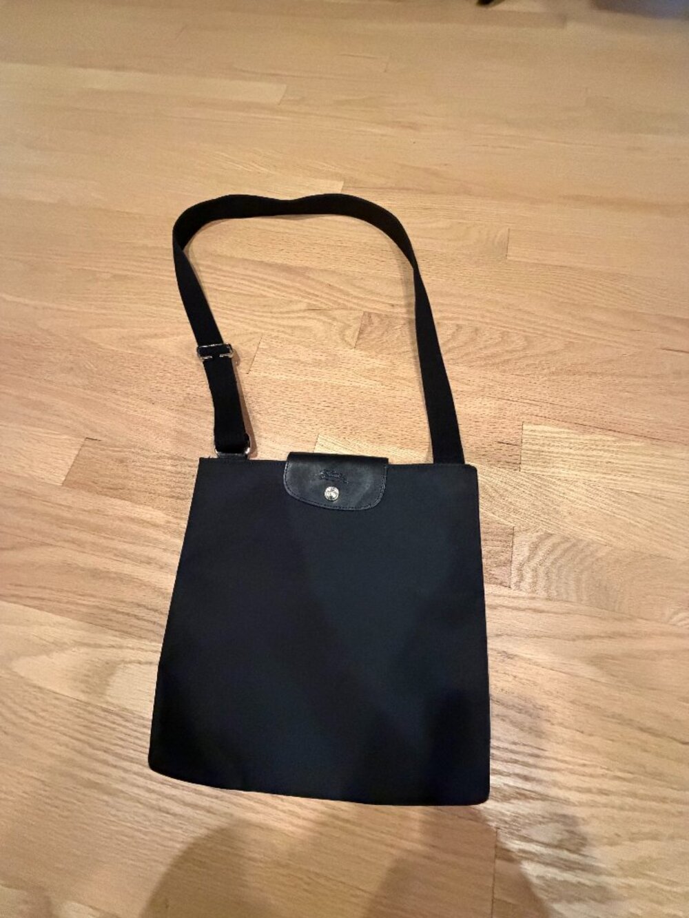 Longchamp Black Nylon Leather Flap Crossbody Bag